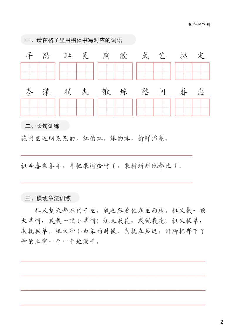小学五年级下册语文卷面练习字帖及规范书写提分专项训练电子版