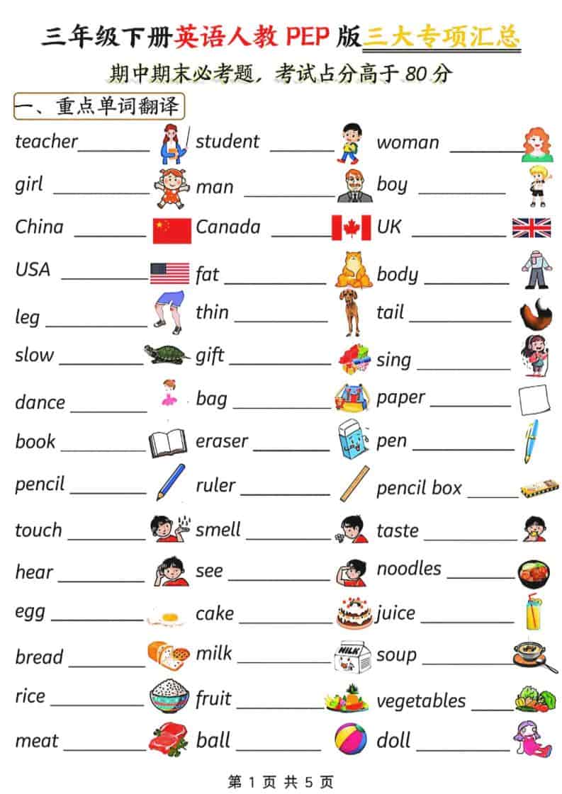 三年级下册英语人教版PEP三大专项汇总同步复习电子版资料
