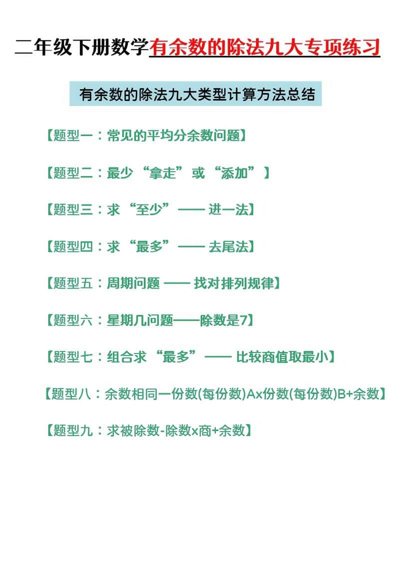 二年级下册数学第六单元有余数的除法专项练习：同步考点强化与计算提分指南