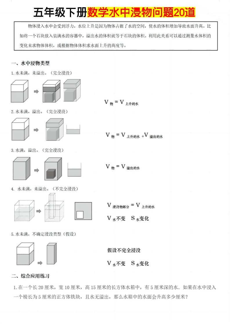 小学五年级下册数学“水中浸物”排水法求体积专项练习题（精选20道含解析）