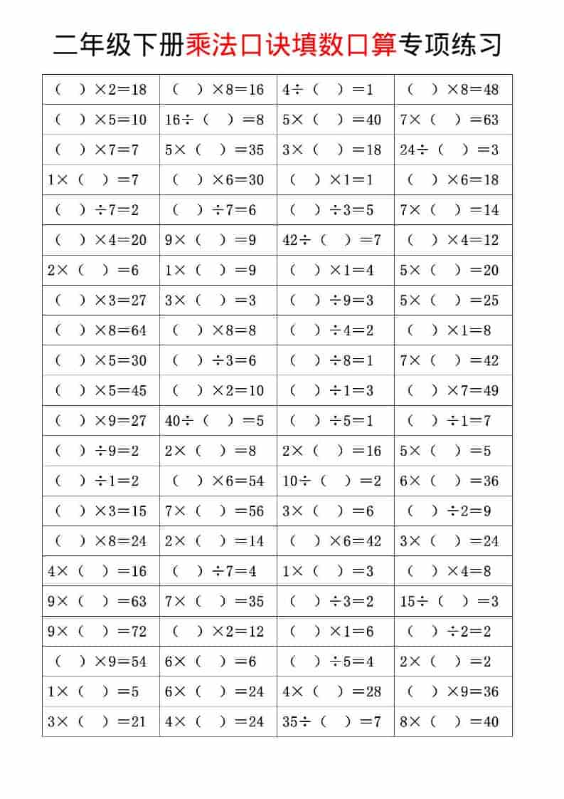 2026春二年级下册数学乘法口诀与混合运算专项练习同步提分精华电子版