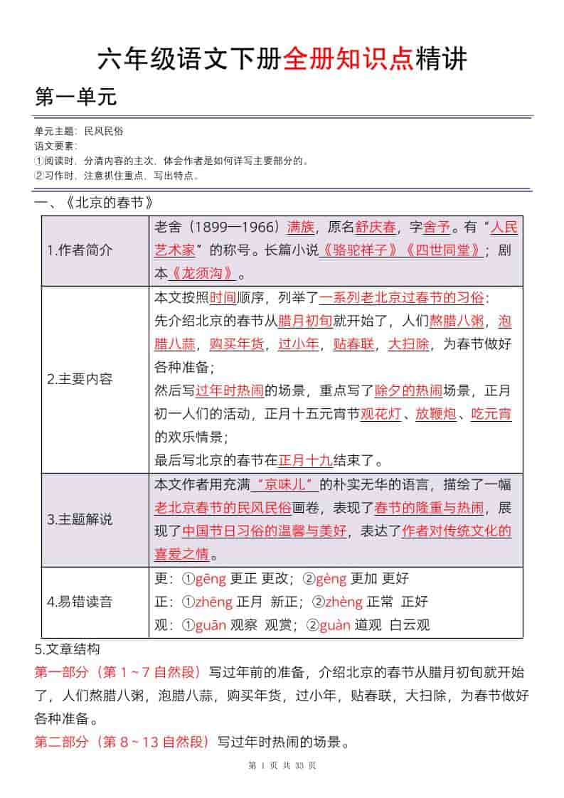 六年级下册语文全册知识点深度精讲33页（期末总复习与考点归纳）电子版