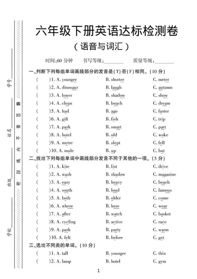人教版PEP六年级下册英语语音与词汇达标练习：攻克拼读与核心词汇