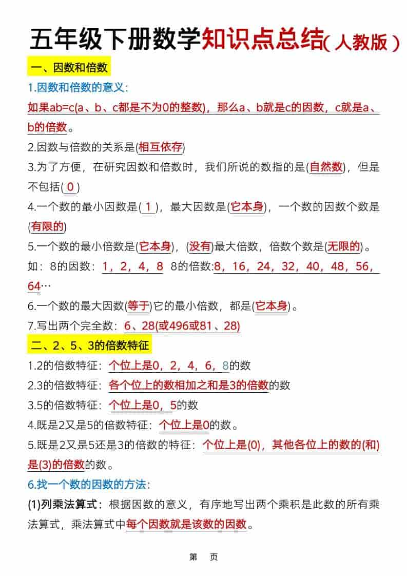 2026春人教版五年级下册数学全册知识点总结归纳提分精华电子版资料 2026春人教版五年级下册数学全册知识点总结归纳提分精华电子版资料