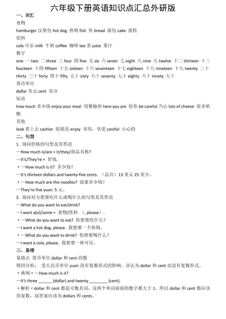 外研版六年级下册英语全册核心知识点汇总及同步语法复习资料电子版