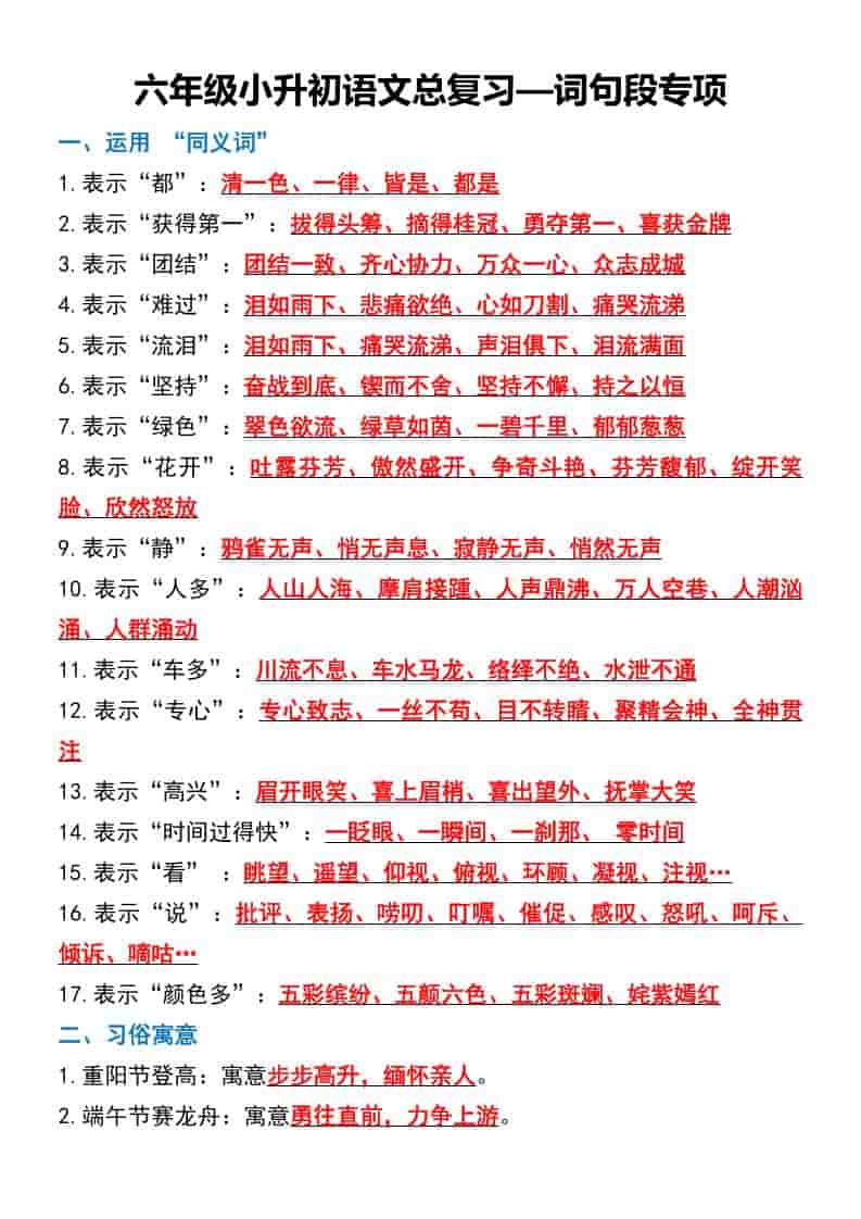 六年级下册语文小升初总复习词句段专项突破及考点归纳电子版