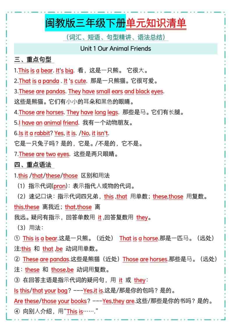 三年级下册英语1-6单元知识点汇总闽教版同步复习资料电子版下载