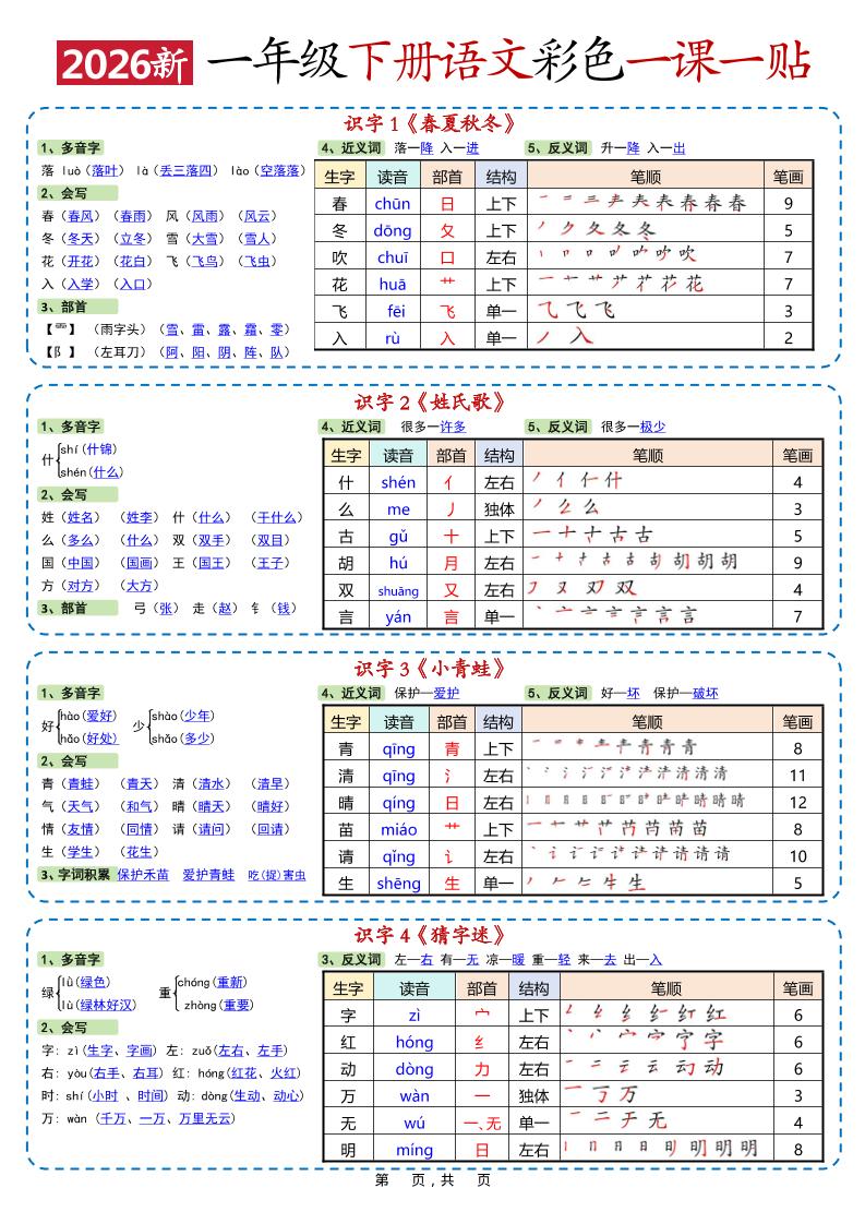 2026春新一年级下册语文彩色一课一贴同步专项重点字词复习电子版
