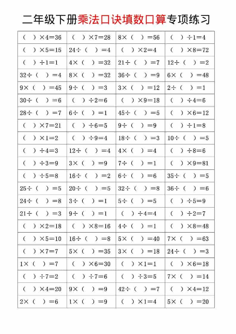 2026春二年级下册数学乘法口诀与混合运算专项练习同步提分精华电子版