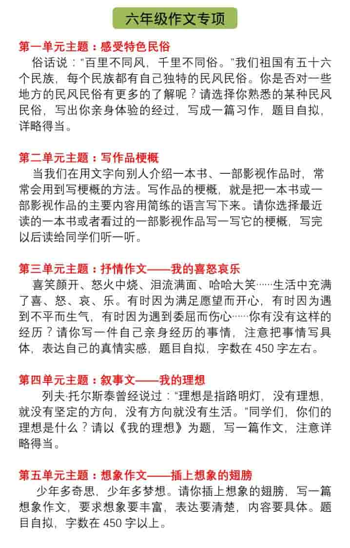 六年级下册语文全册单元习作指导及精选范文汇总（含名师点评与写作模板）