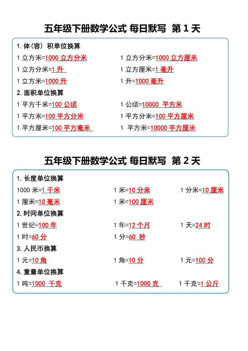 五年级下册数学人教版必考重点公式汇总与每日默写小纸条同步资料