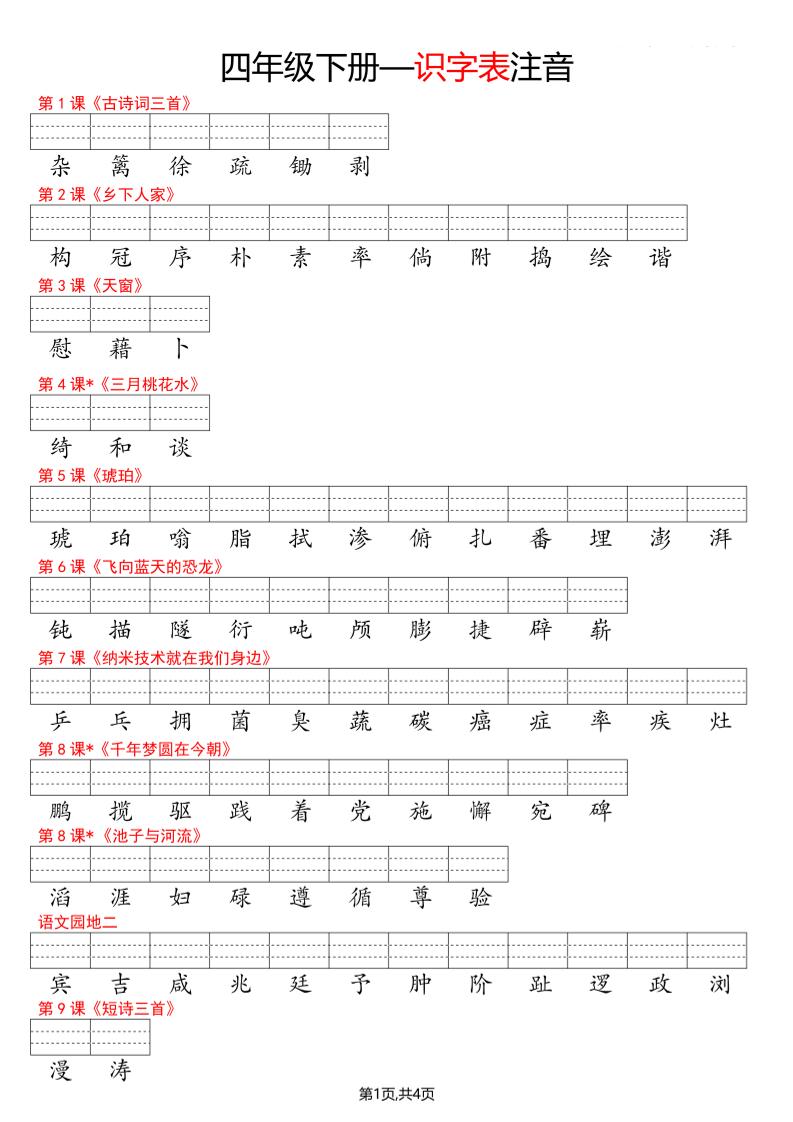 2026春四年级下册语文识字表看生字写拼音全册同步专项练习电子版资料