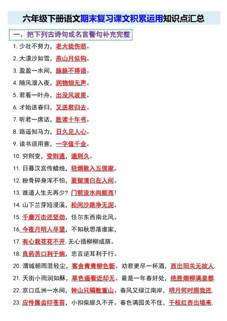 六年级下册语文期末复习课文积累运用知识点汇总资料下载