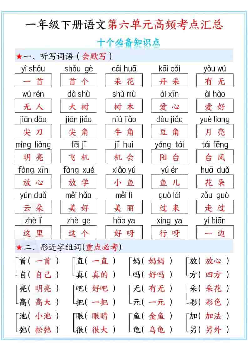 2026春一年级下册语文第六单元高频考点汇总同步提分精华电子版