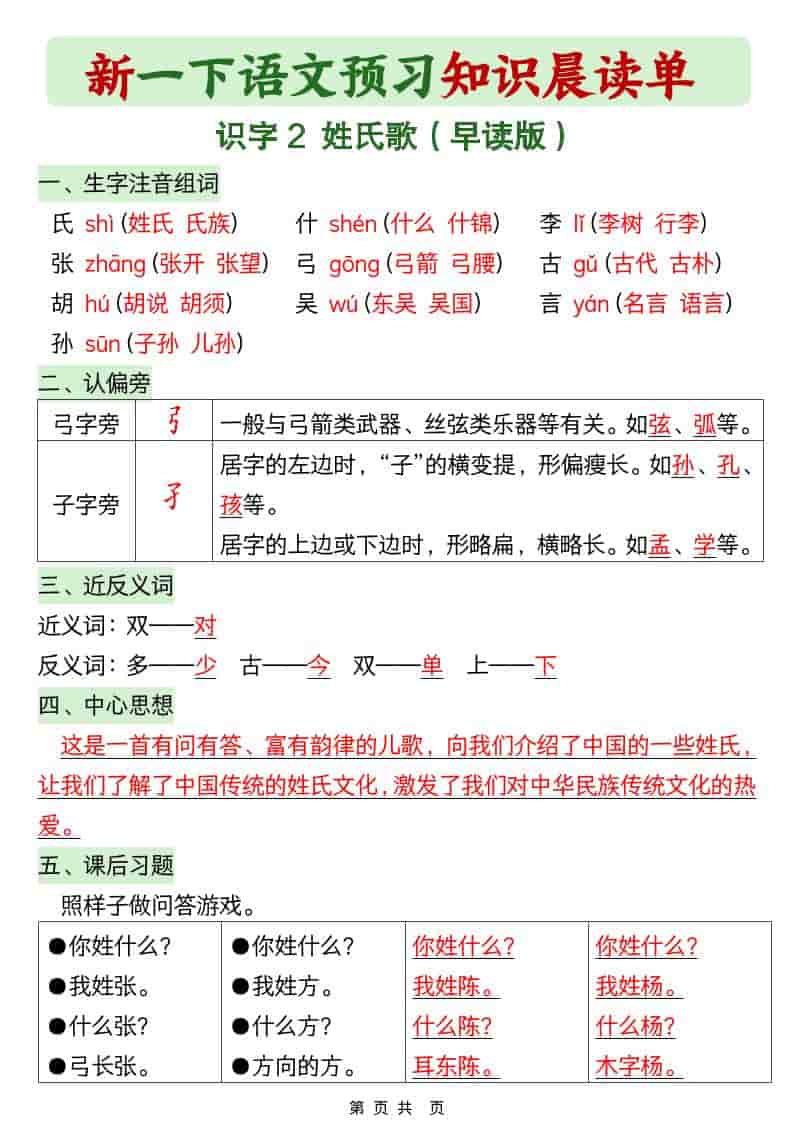 2026年春季一年级下册语文预习知识晨读单电子版:每日晨诵夯实基础 2026年春季一年级下册语文预习知识晨读单电子版:每日晨诵夯实基础