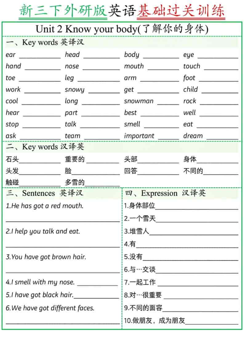 三年级下册英语外研版三起点基础过关训练同步专项复习电子版