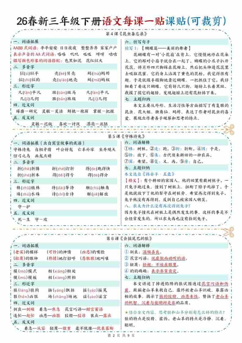 2026年春三年级下册语文彩色重点一课一贴知识点汇总电子版下载 2026年春三年级下册语文彩色重点一课一贴知识点汇总电子版下载