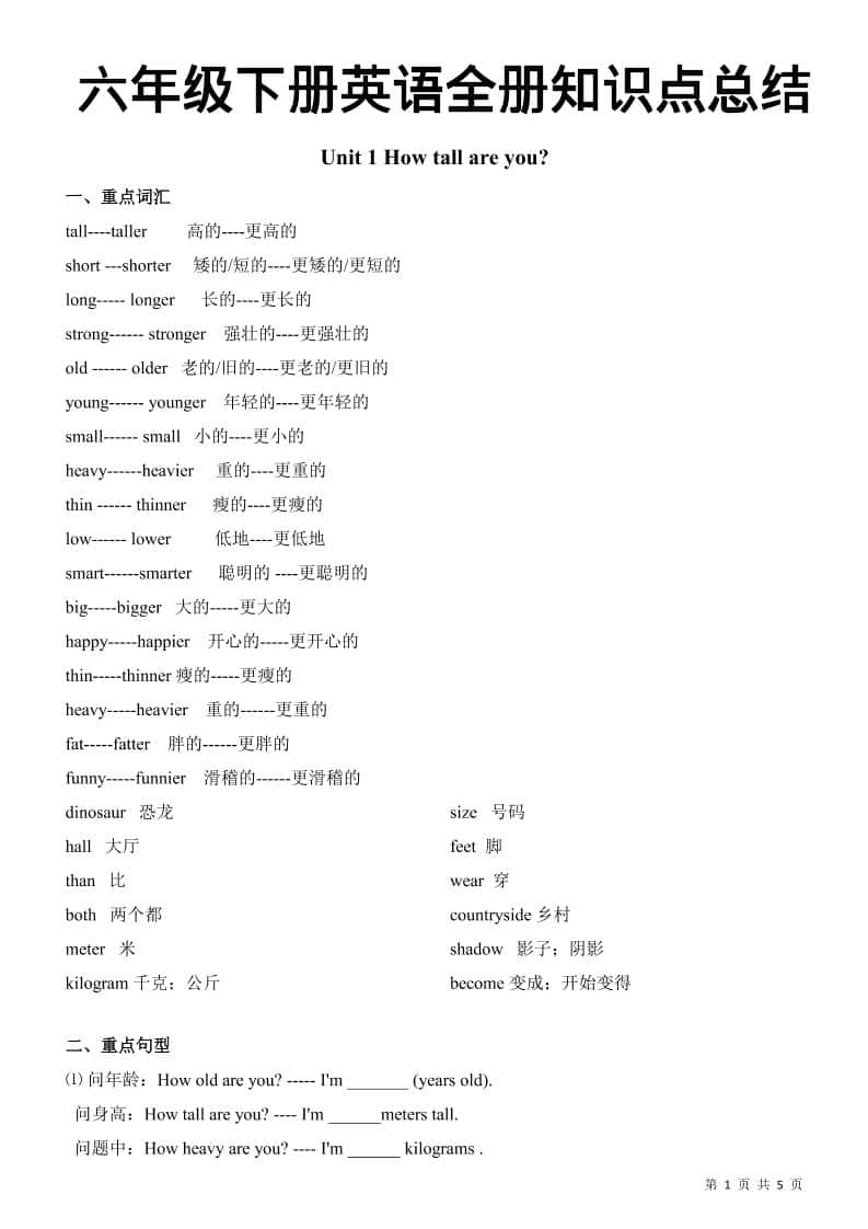 2026年人教版PEP六年级下册英语全册核心知识点归纳及单元考点总结电子版