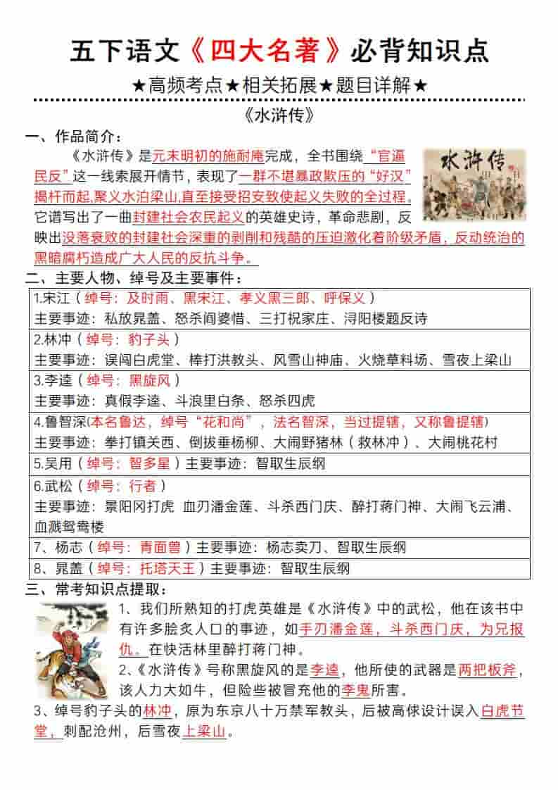 2026春五年级下册语文第二单元四大名著必背知识点归纳专项复习资料