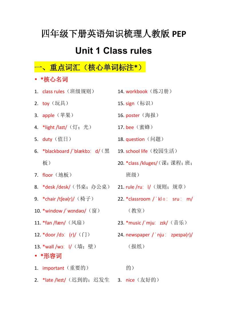 四年级下册英语Unit 1 My school知识点梳理与默写单人教版PEP电子版同步资料