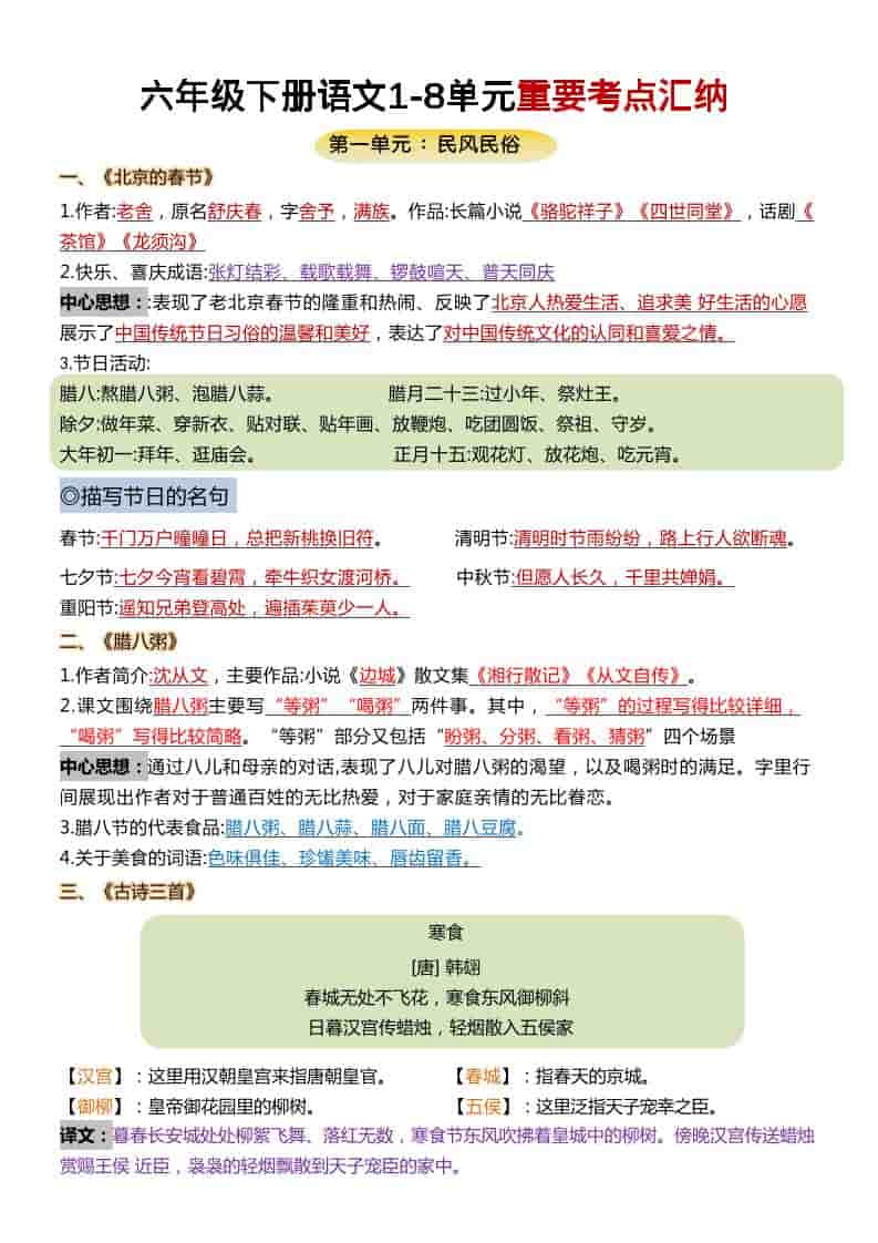 六年级下册语文1-8单元重要考点汇总：全册复习重点与必背考纲指南