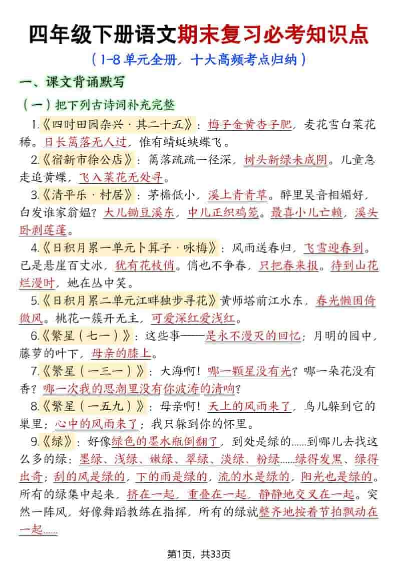 四年级下册语文期末复习必考知识点汇总:十大高频考点专项提分资料 四年级下册语文期末复习必考知识点汇总:十大高频考点专项提分资料