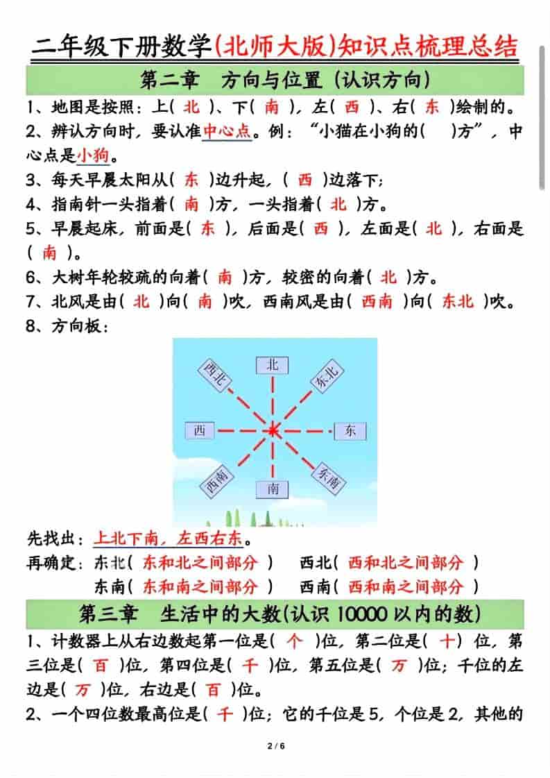 北师大版二年级下册数学全册知识点梳理总结及重点难点导学资料下载 北师大版二年级下册数学全册知识点梳理总结及重点难点导学资料下载