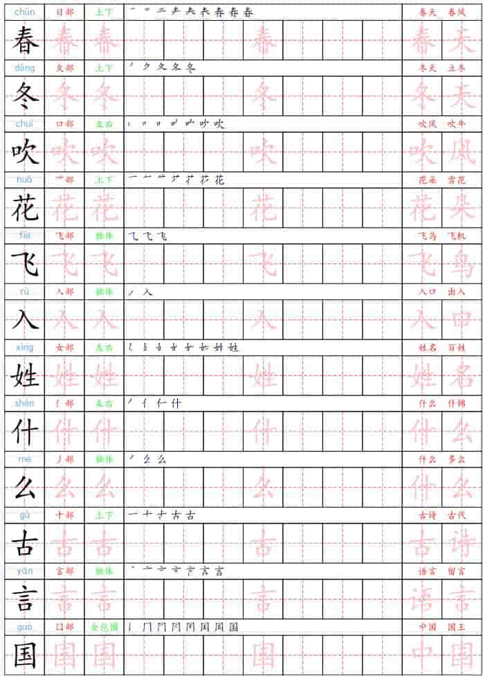 一年级下册语文全册生字练字贴电子版下载(含笔顺、拼音与组词练习) 一年级下册语文全册生字练字贴电子版下载(含笔顺、拼音与组词练习)