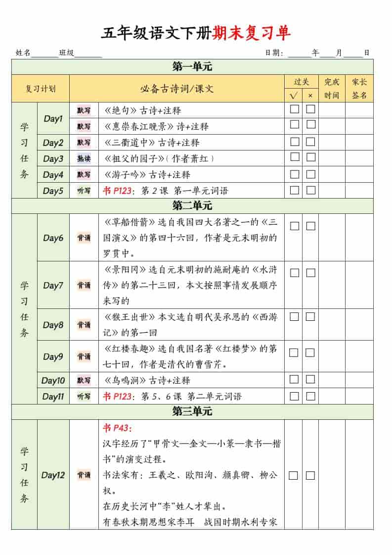 五年级下册语文期末复习单:全册核心考点归纳与期末提分利器 五年级下册语文期末复习单:全册核心考点归纳与期末提分利器