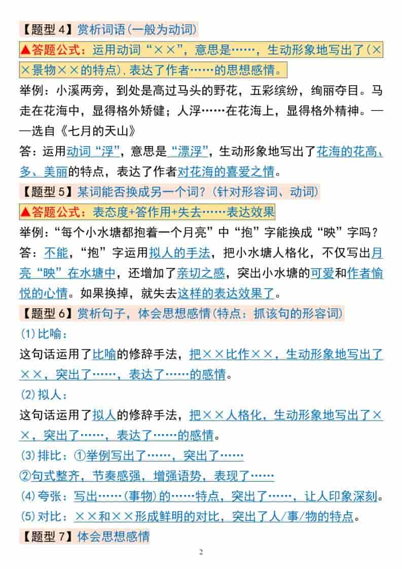 四年级下册语文阅读理解常考题型解析及万能答题模板电子版汇总