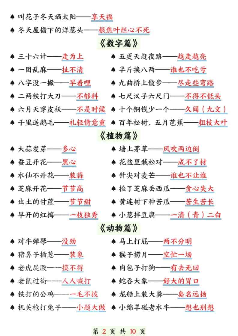 2026春一年级下册语文寒假预习：晨读晚背歇后语与谚语专项电子版资料