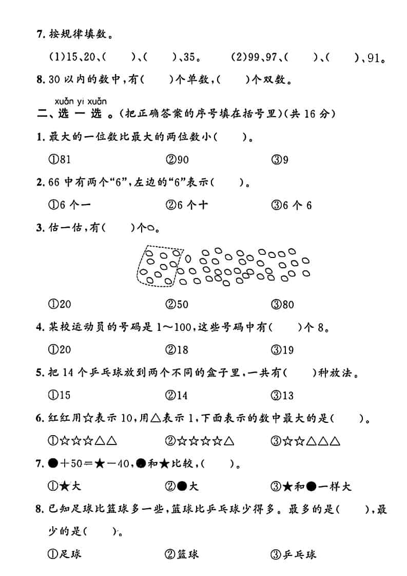 青岛63版一年级下册数学第二单元拔尖测试卷(100以内数的认识)电子版下载 青岛63版一年级下册数学第二单元拔尖测试卷(100以内数的认识)电子版下载