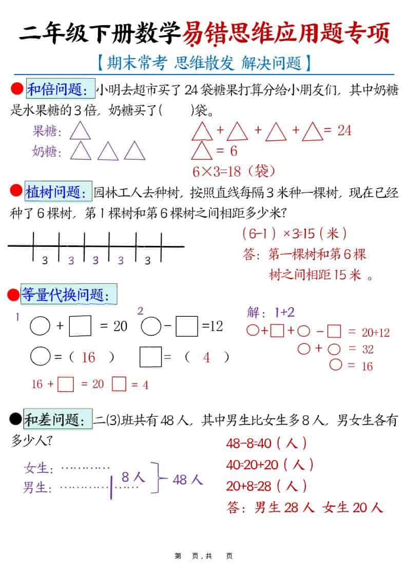 二年级下册数学易错思维应用题专项练习：突破逻辑难点与提分关键