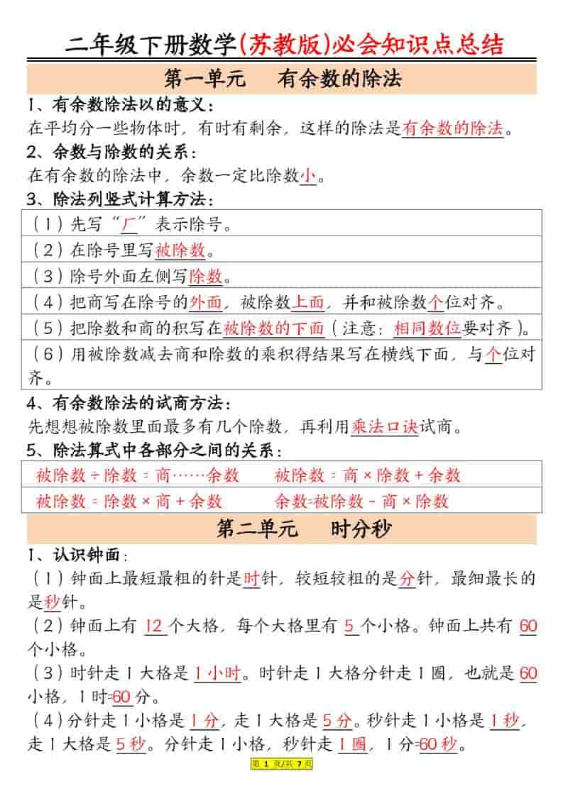 2026春苏教版二年级下册数学全册必会知识点汇总同步专项复习电子版资料