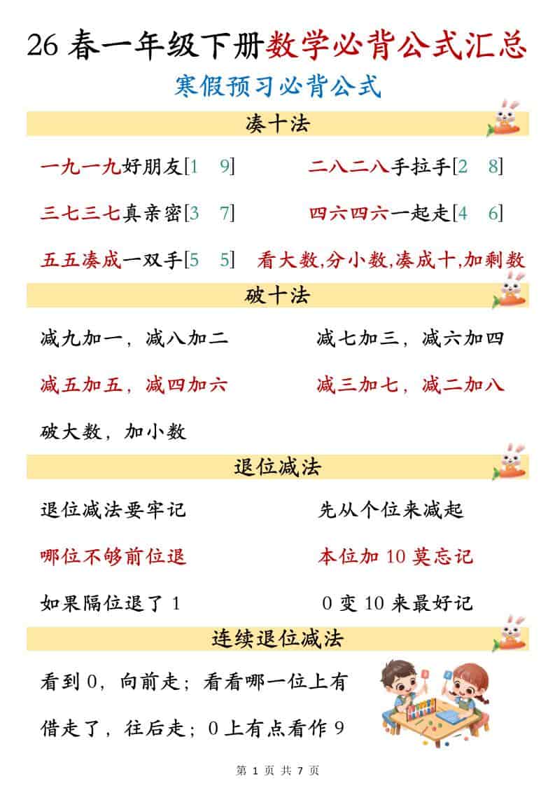 2026年一年级下册数学必背公式知识点汇总及重点归纳电子版 2026年一年级下册数学必背公式知识点汇总及重点归纳电子版