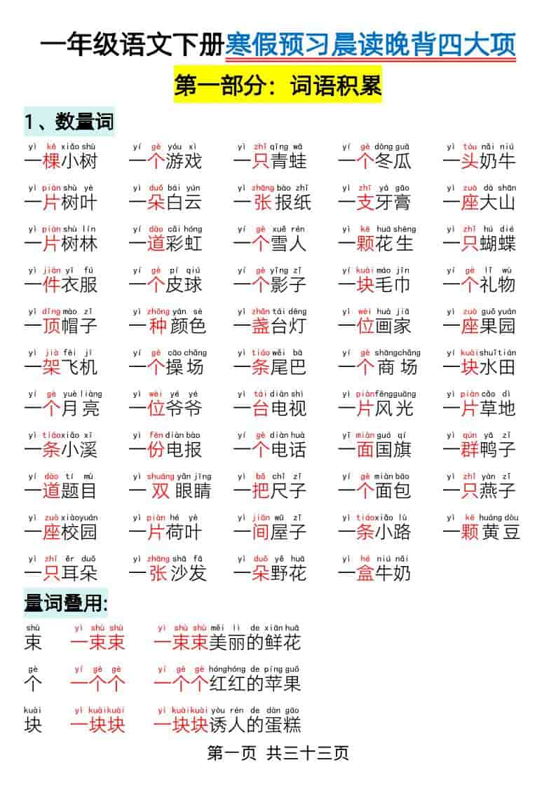 2026春一年级下册语文寒假预习：晨读晚背四大项专项提分电子版资料