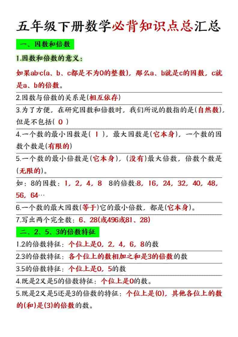 小学五年级下册数学人教版必背知识点总复习汇总及核心考点提纲电子版