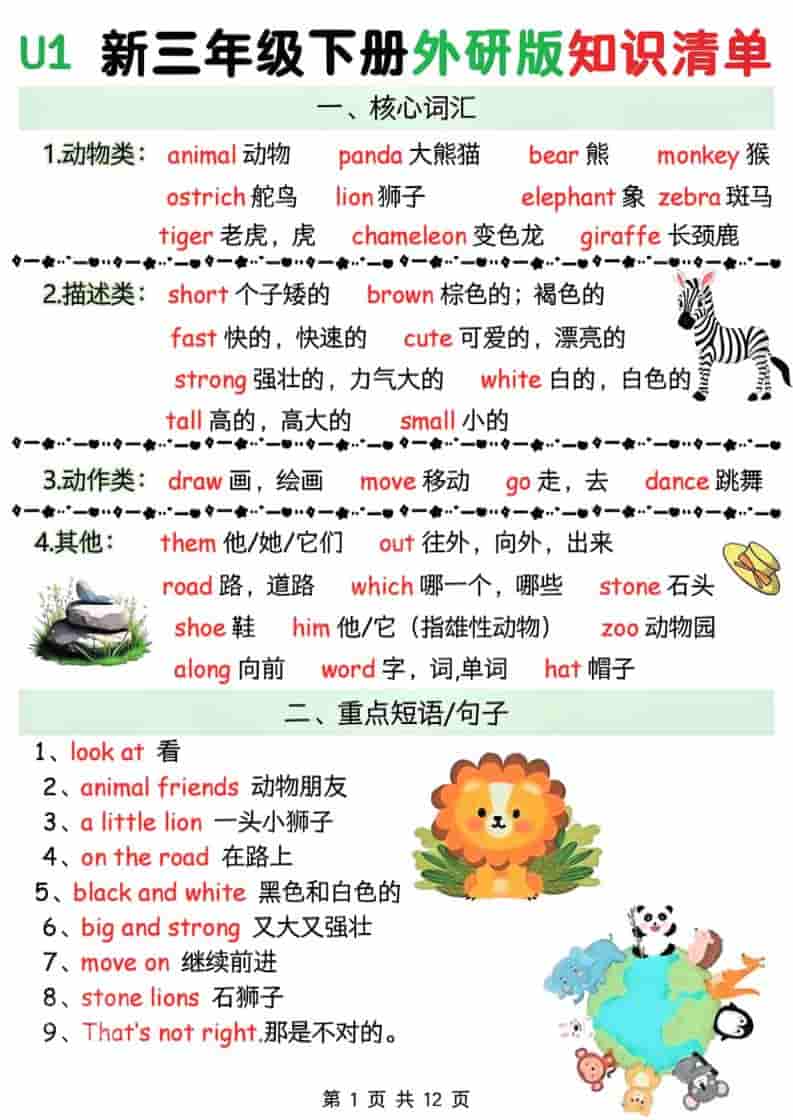 三年级下册英语外研版三起点Unit 1-6知识清单同步考点汇总电子版