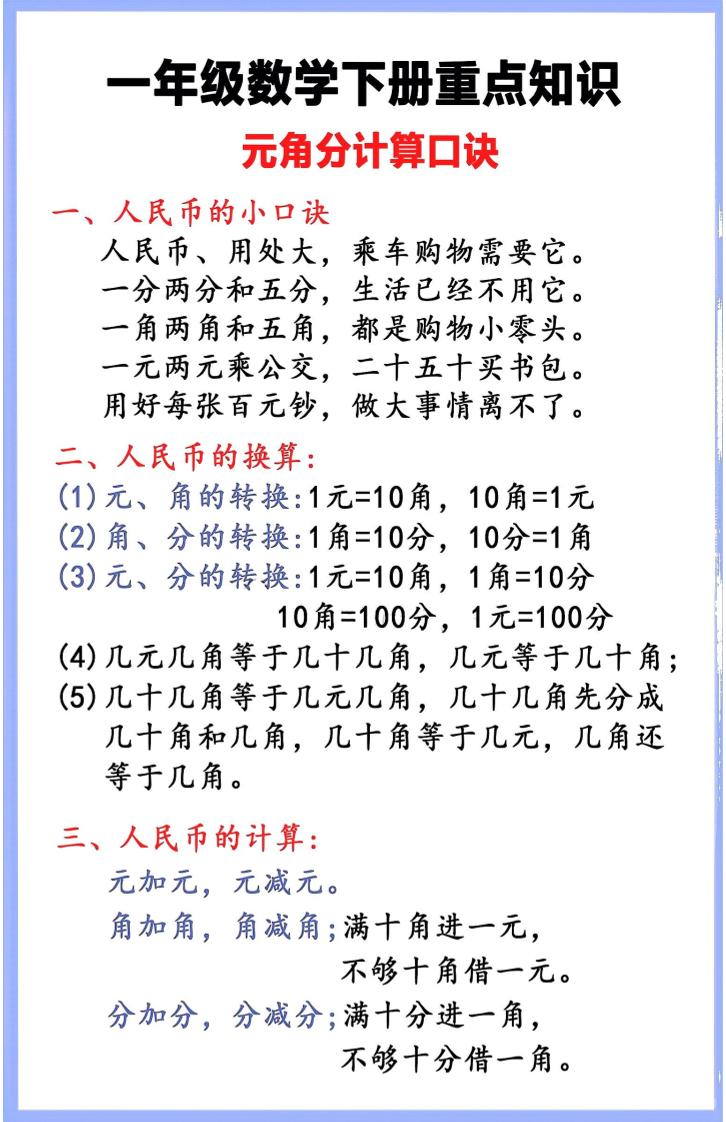 2026春一年级下册数学全册重点知识汇总与核心考点专项复习资料