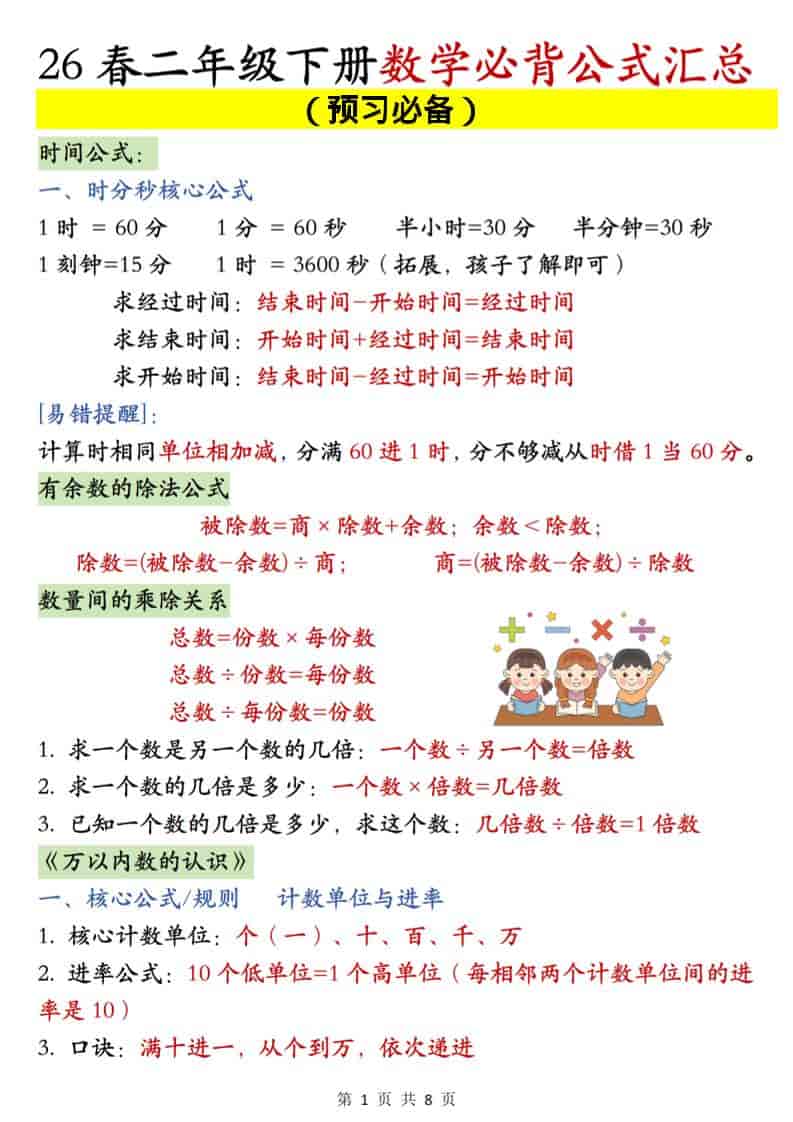 26年人教版二年级下册数学必背公式知识点汇总：期末复习提分专项手册