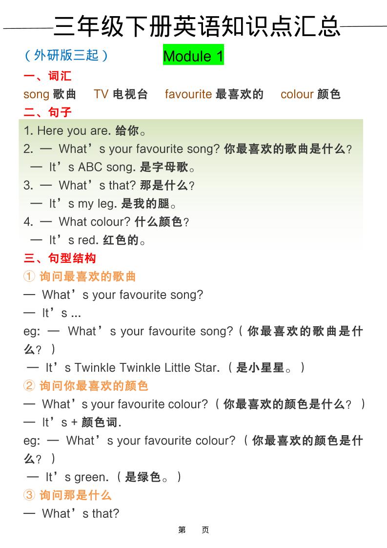 三年级下册英语外研版三起点全册知识点汇总同步复习电子版下载