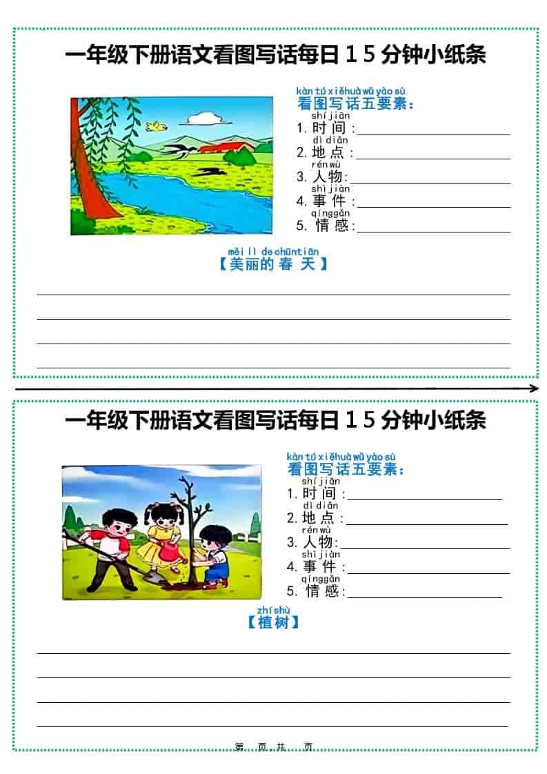 小学一年级下册语文看图写话专项训练：每日15分钟小纸条练习（全12页含精品范文）