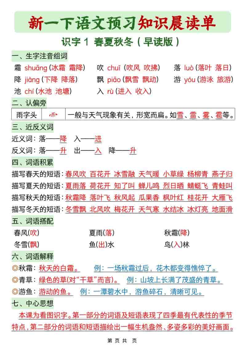 2026年春季一年级下册语文预习知识晨读单电子版:每日晨诵夯实基础 2026年春季一年级下册语文预习知识晨读单电子版:每日晨诵夯实基础