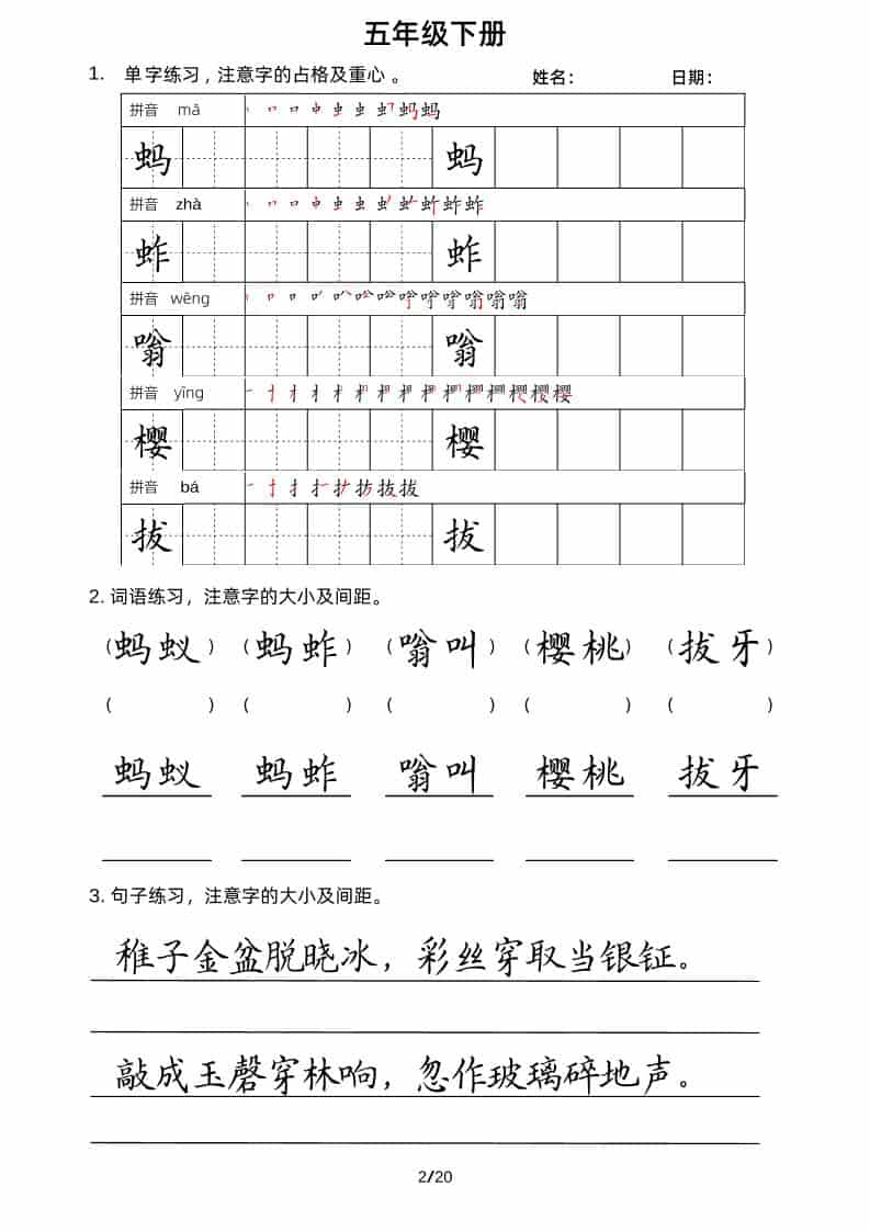 小学五年级下册语文卷面书写专项练习及规范写字提分强化训练电子版