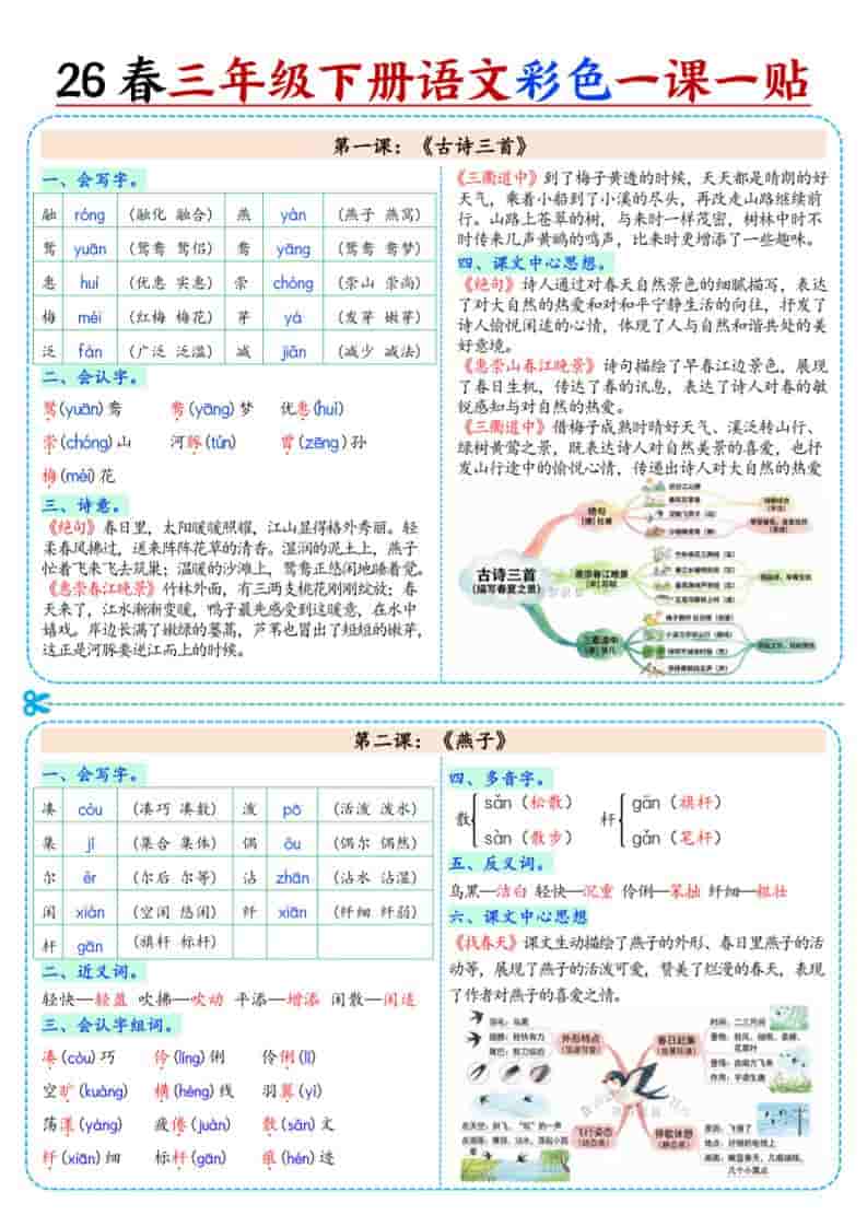 2026年三年级下册语文彩色课课贴:同步教材核心考点归纳电子版 2026年三年级下册语文彩色课课贴:同步教材核心考点归纳电子版