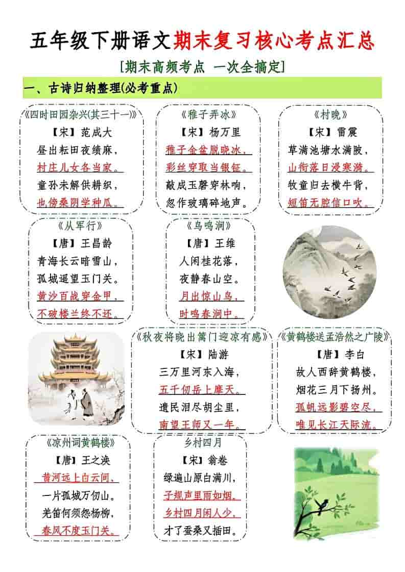 2026春五年级下册语文期末复习核心考点汇总全册同步必考知识点归纳资料 2026春五年级下册语文期末复习核心考点汇总全册同步必考知识点归纳资料
